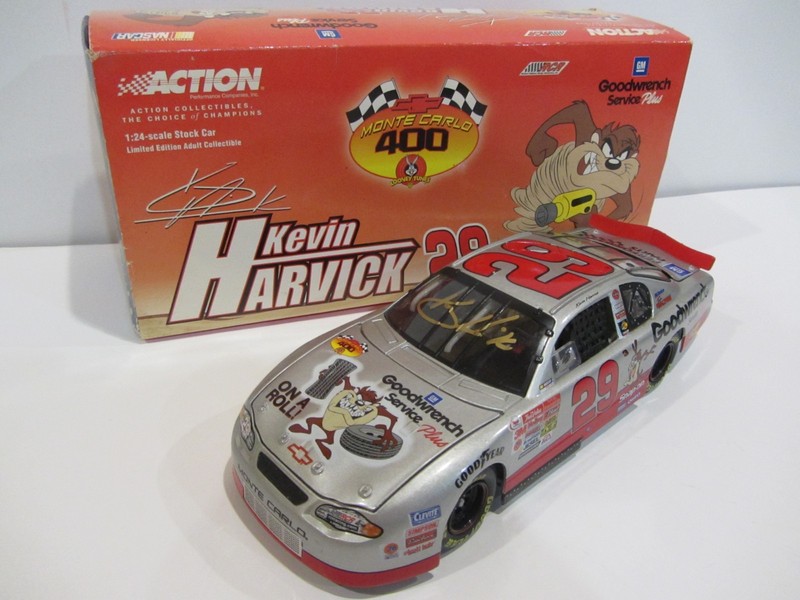 2001 KEVIN HARVICK signed 1/24 ACTION NASCAR DIECAST CAR LOONEY TOONS TAZ DEVIL