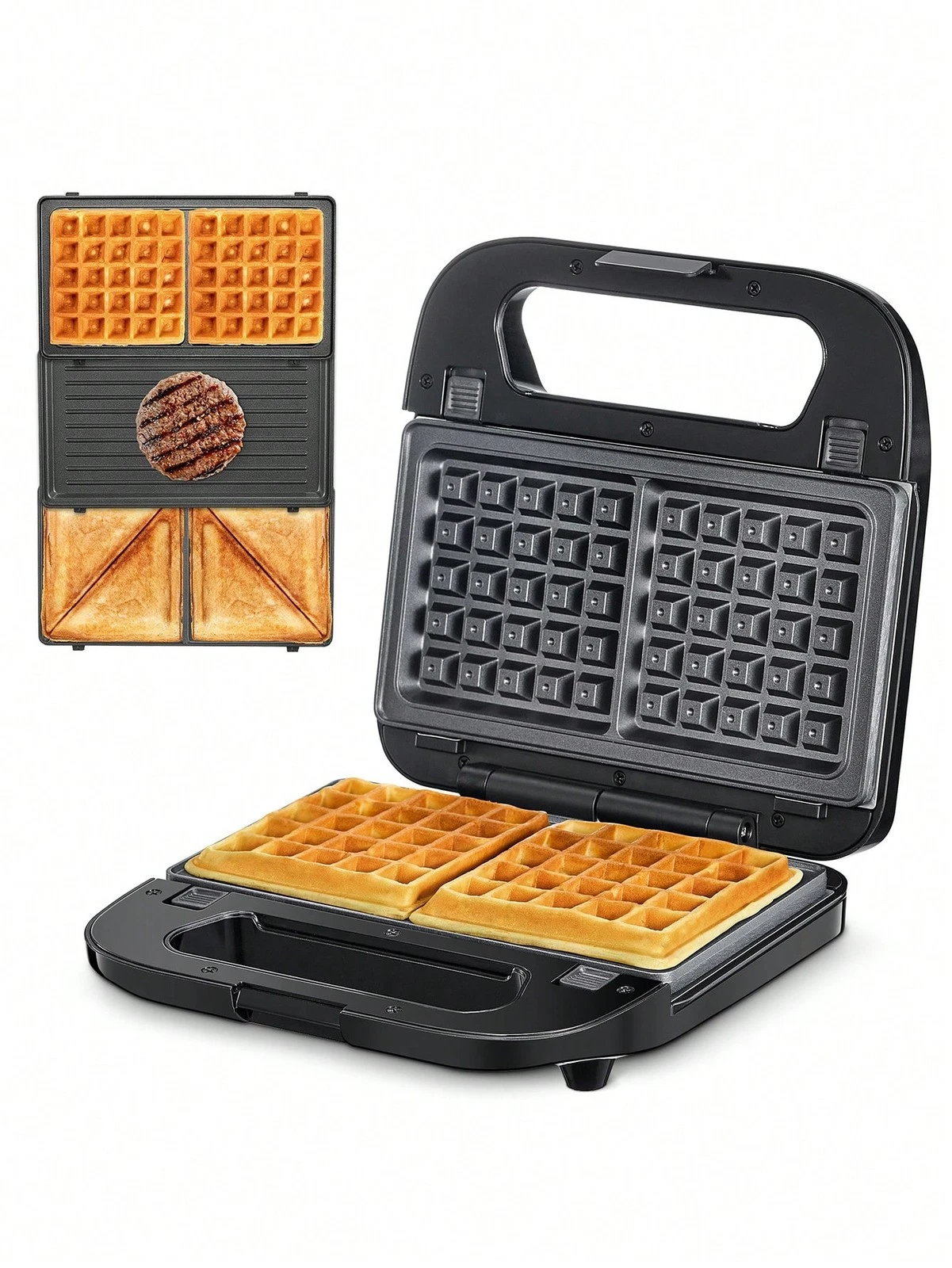 3-In-1 Waffle Sandwich Grill Maker Press With Non-Stick Plates, Black
