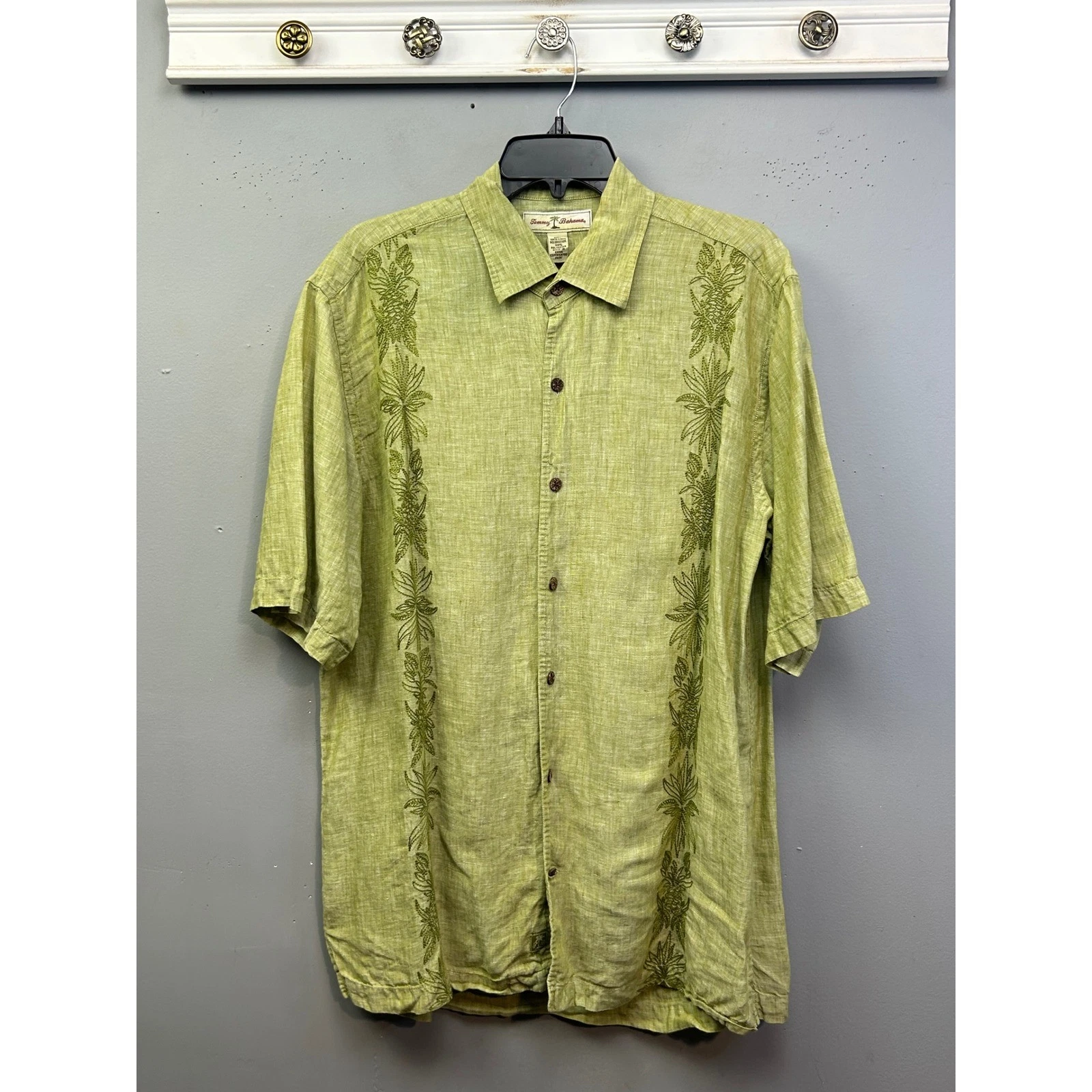 Tommy Bahama Shirt Mens L Green Linen Short Sleeve Embroidered Camp Button Up