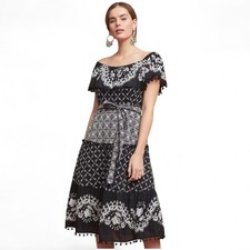 Anthropologie Marisol Size 6 Boho Black & White Embroidered Off-Shoulder Dress