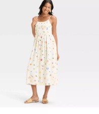 Women's Smocked V Waist Vacation Summer Midi Dress - A New Day Cream Seashell 2X