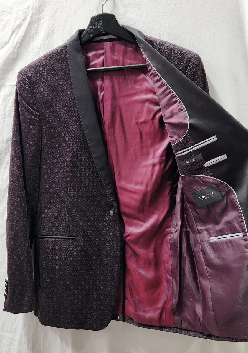 POLITIX Burnett Tuxedo Jacket Mens sz M Slim Fit Plum Velour Floral Print #hng