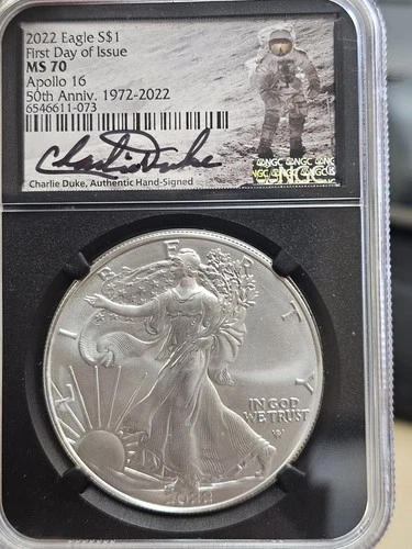 2022 American Silver Eagle NGC MS70 Apollo 16 Charlie Duke Signed $1 Coin