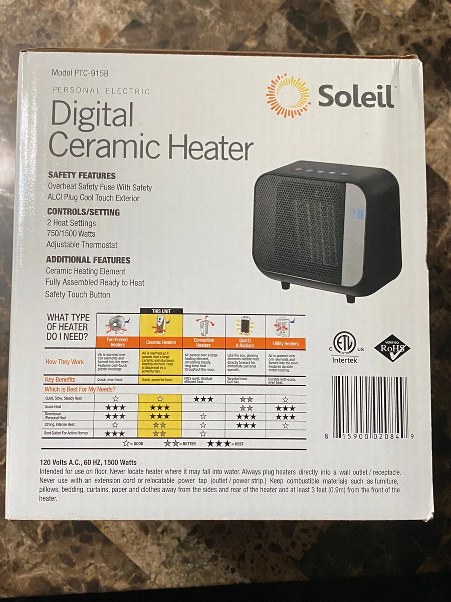Soleil Electric Digital Ceramic Heater 1500W Indoor Black PTC-915B New |  eBay