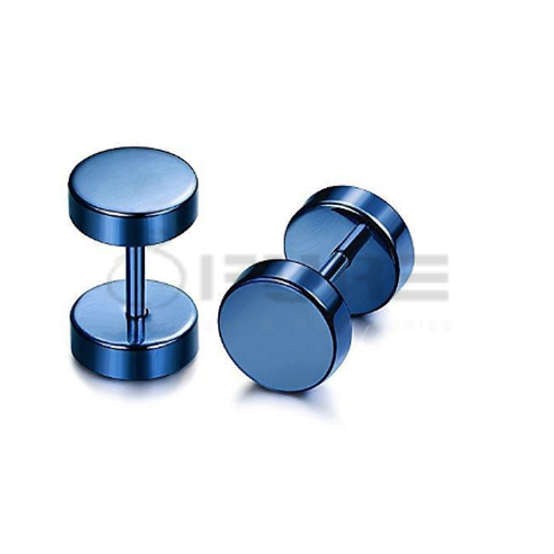 Men Cool Blue Dumbbell Stud Earrings 7MM Wide Surgical Stainless Steel Jewellery - Picture 5 of 6
