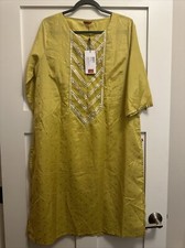 W Women Round Neck Kurta Boho Indian Bollywood Shirt Dress Gold Sequence 10 NEW