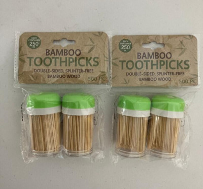 Bamboo Wood Toothpicks Double Sided Splinter Free 500 Pc Each Bag Lot of 2