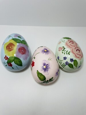 3 Vintage Hand Painted Spring Ceramic Easter Eggs Trinket Dish Floral 