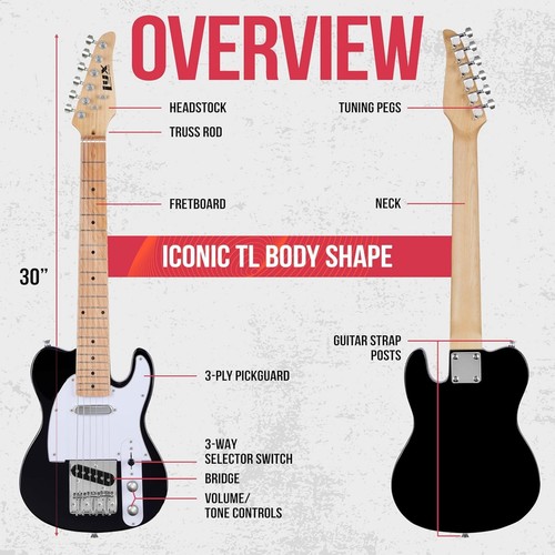 LyxPro Beginner 30" Telecaster Style Electric Guitar, Paulownia Body, Black - Picture 6 of 9