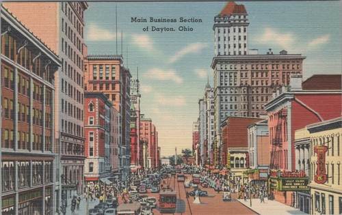 Dayton street view trolley autos Strand theater bank Ohio OH linen postcard A325