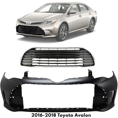 Front Bumper Cover Primed & Bumper Grille Chrome For 2016-2018 Toyota Avalon