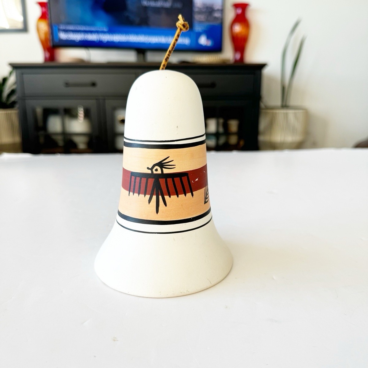 Southwest Pottery Bell Wind Chime Hand Painted Bird Hammered