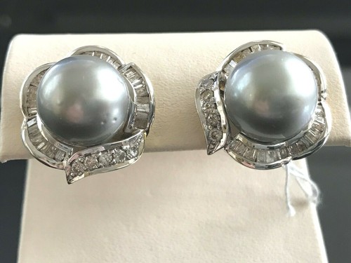 12.5 mm Tahitian South Sea Pearl Diamond 14k Gold Earrings - Picture 3 of 9