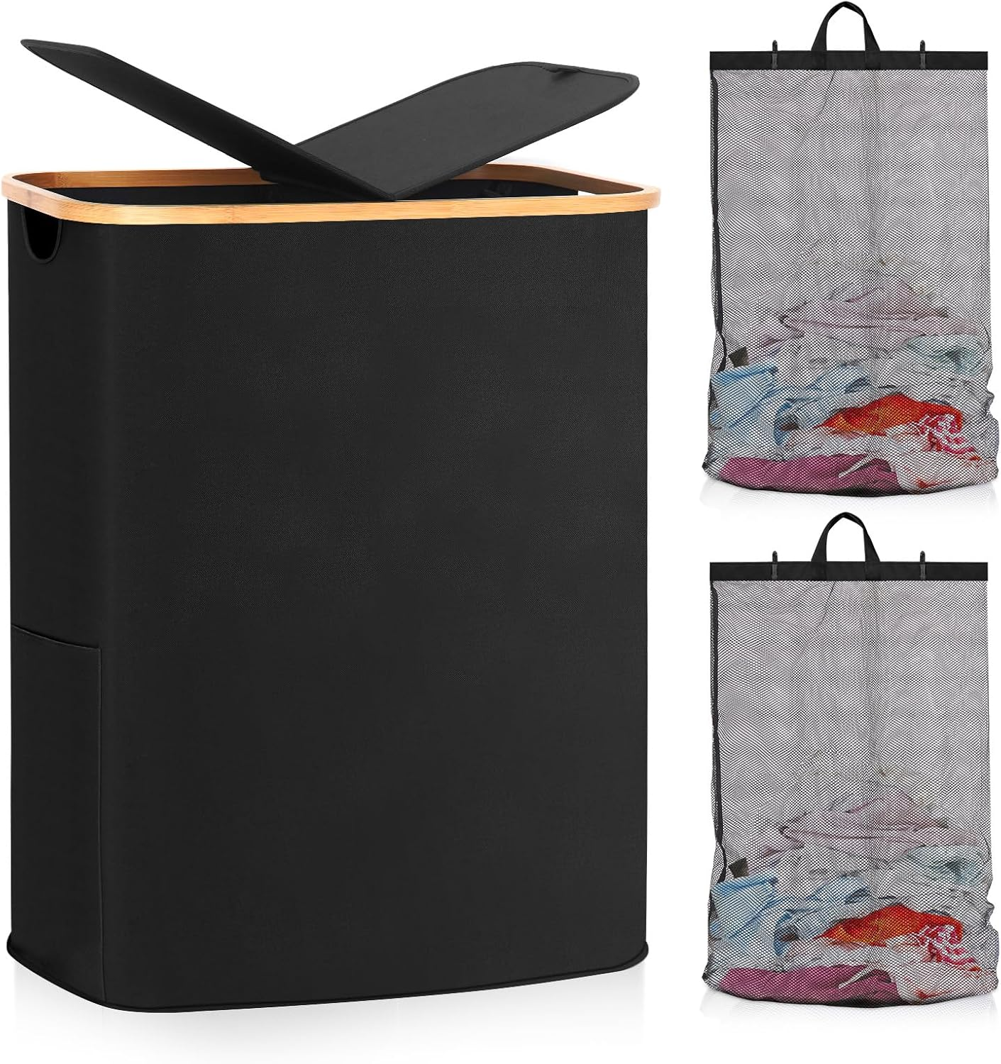 150L Foldable Double Laundry Hamper with Lid & 2 Removable Bags-image
