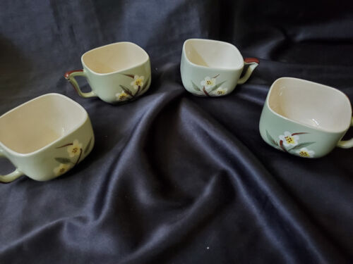 Vintage WEIL WARE Hand-Painted White Blossom Celedon CUPS Greenware Lot of 4