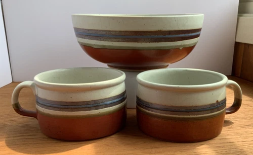 Vintage Otagiri Mirage 8-1/2” Serving Bowl & 2 Soup Mugs Stoneware Pottery Japan