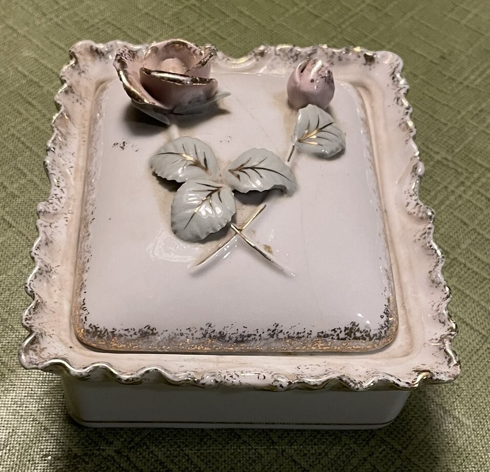 Small Vintage Ceramic Trinket Jewlery Box Pink Rose | eBay