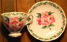Vintage GLADSTONE LAUREL TIME Footed Cup & Saucer Tea Set PINK HIBISCUS W LEAVES