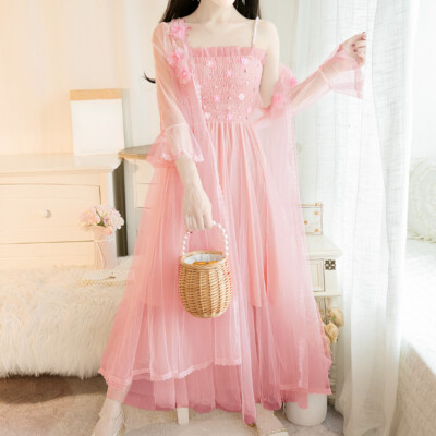 2 Pieces Women 3D Floral Mesh Dress Beads Lolita Fairy Princess Midi Party  Sweet | eBay