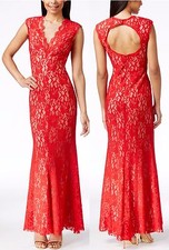 Xscape Red Stretch Contrast-lace Illusion Vneck Fit & Flare Trumpet Gown 14 $299