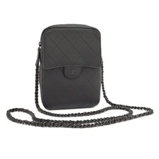 CHANEL Phone Holder Chain Shoulder Leather Black Used SKAI-0