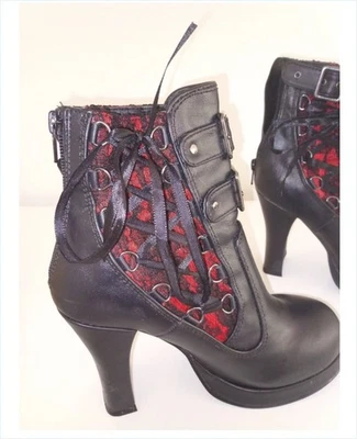 Bottines noires à dentelle rouge cuir Vegan à talons haut DEMONIA - Photo 1/4