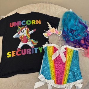 Unicorn Costume Bundle Adult One Size Graphic Tee Sequin Corset Wig Horn