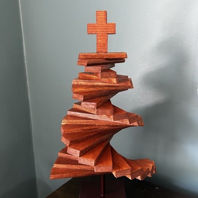 Handcrafted Wood Spiral Sculpture with Cross Custom Design Tree Shape Stand