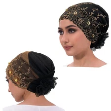 2pcs Floral Embroidered Turban Cap Women Muslim Headwrap Hijab African Bonnet