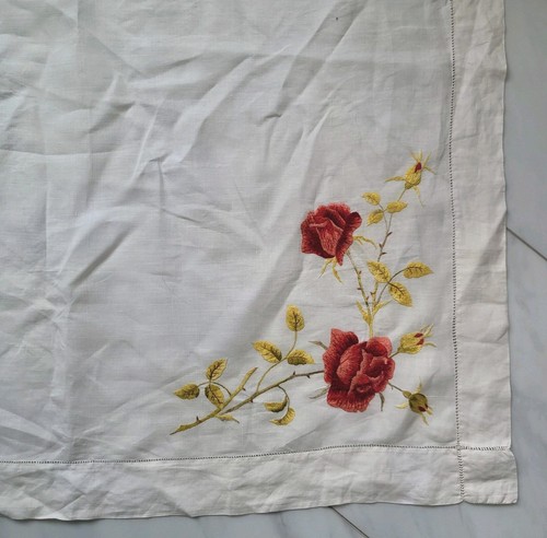 Antique Society Silk Hand Embroidered Linen RED/SALMON ROSES Doily Topper EUC - Picture 5 of 16