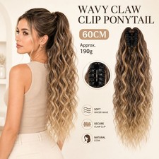 Water Wavy Claw Clip Ponytail 60cm Natural As Human Hair Easy To Wear Syntheitc