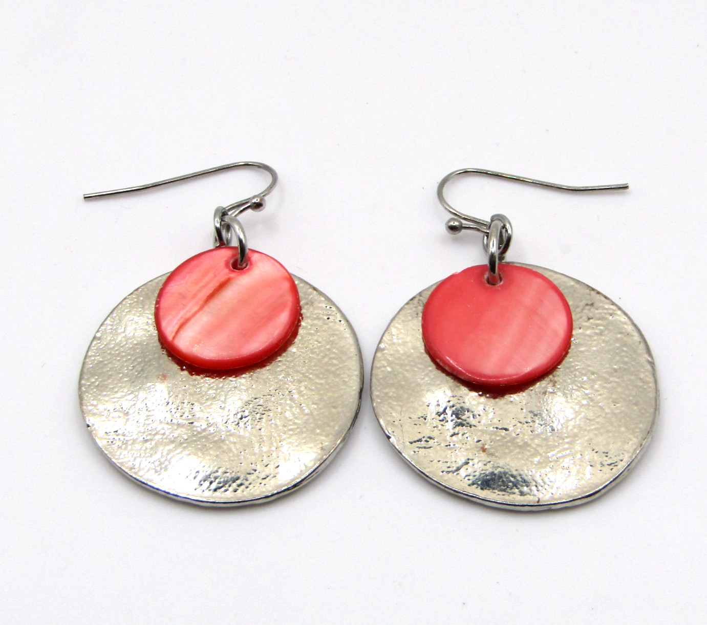 Pink Shell Round Dangle Earrings Silver Tone 1,75… - image 4