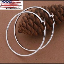 925 Sterling Silver 50mm 2 Big Round Large Thin Hoop Earrings A19