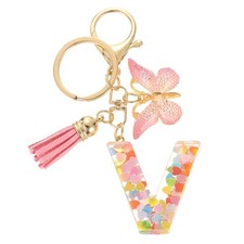 Initial Letter Keychains, Resin Cute Pendant with Butterfly Tassel, Pink-V