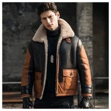 Men’s Sheepskin Pilot Jacket – Black and Tan Leather Lined Shearling Warm Coat