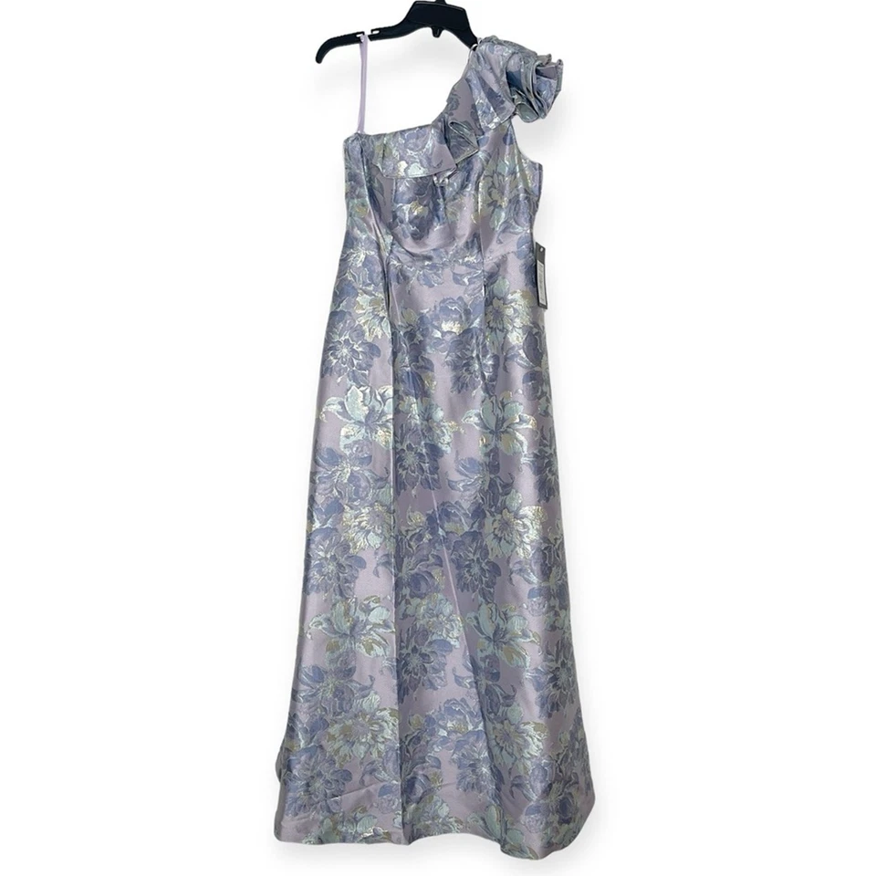 NWT $229 Marina Women's One Shoulder Floral Jacquard Metallic Maxi Gown, Sz 8 - Image 4 of 4