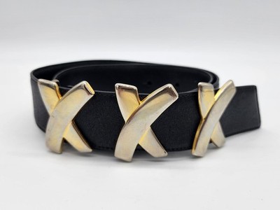 VTG Paloma Picasso Black Leather Belt W/ Gold Tone XXX Buckle S/70 Made in Italy