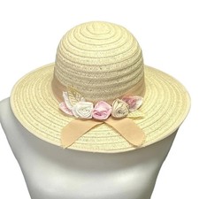 Vintage Woven Straw Womens Cottage Core Country Sun Hat w Pink Fabric Roses
