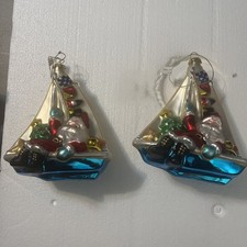 Kurt S. Adler Christmas Pair Santa Sailboat Blown Glass Ornament Glitter Poland