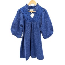 Umgee Blue Leaf Jacquard Puff Sleeve Lace Trim Babydoll Mini Dress S NEW Cottage
