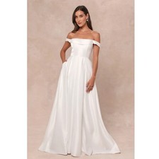 NWT Lulus Extraordinary Vow White Off The Shoulder Maxi Dress With Pockets Sz M