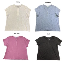 Nine West Women's Short Sleeve Front Button Slub Henley Top