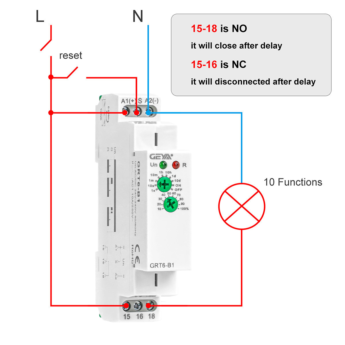 GEYA On Delay Off Delay Timer Relay Time Delay Relay AC/DC24V-240V 10A Din Rail