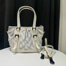 Burberry White Beat Check Nylon Victoria Tote Bag Italy 27x30cm