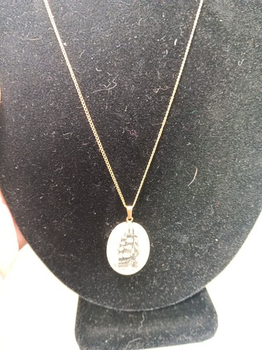 Vintage Scrimshaw Ship Pendant 14K GF Chain Necklace - Picture 3 of 5
