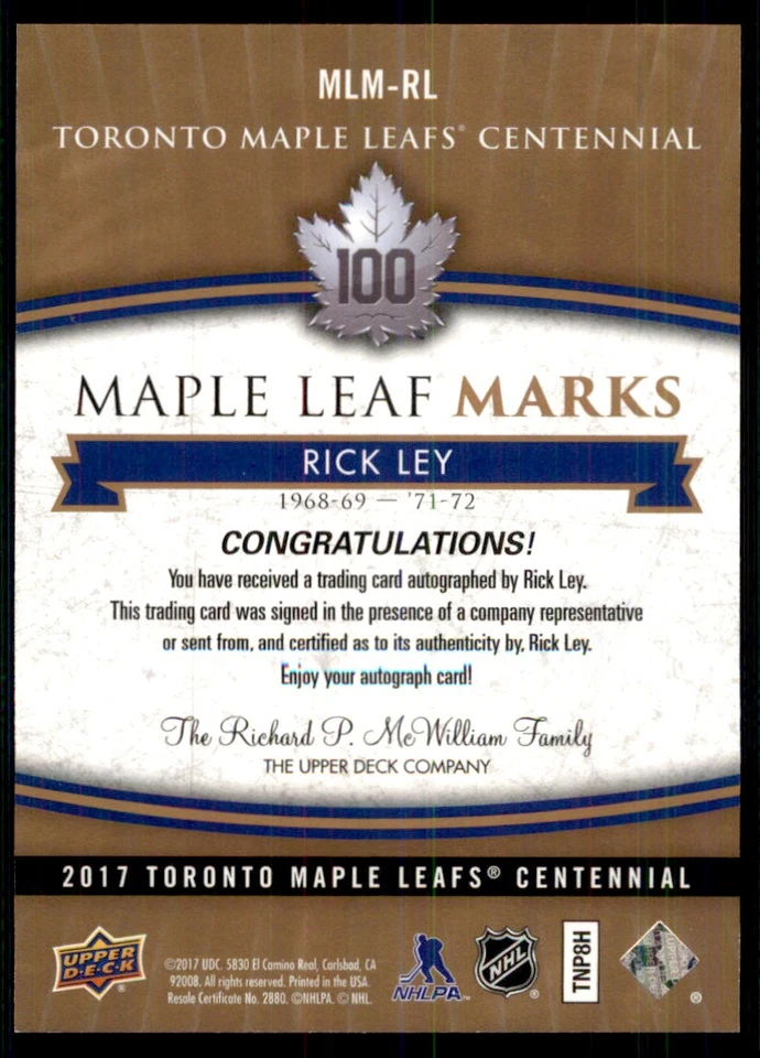 2017-18 UPPER DECK CENTENNIAL TORONTO MAPLE LEAFS MARKS AUTO RICK LEY #MLM-RL - Image 2 of 2