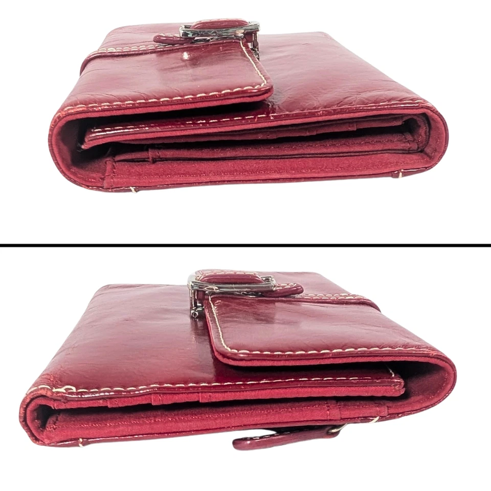 Cartera Tarjetas Monedas Preppy Cuero Rojo Borgoña Italiano Plegable Hebilla a Presión Foto 4 de 4