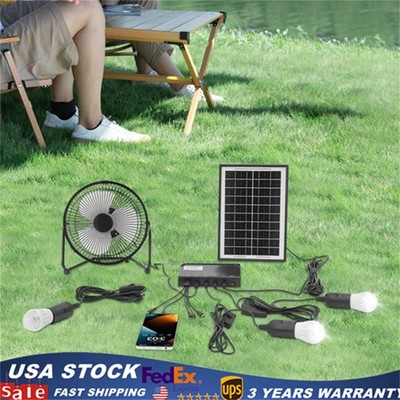 Solar Power Panel Kit Outdoor Camping USB Charging System W/ LED Light & 8'' Fan