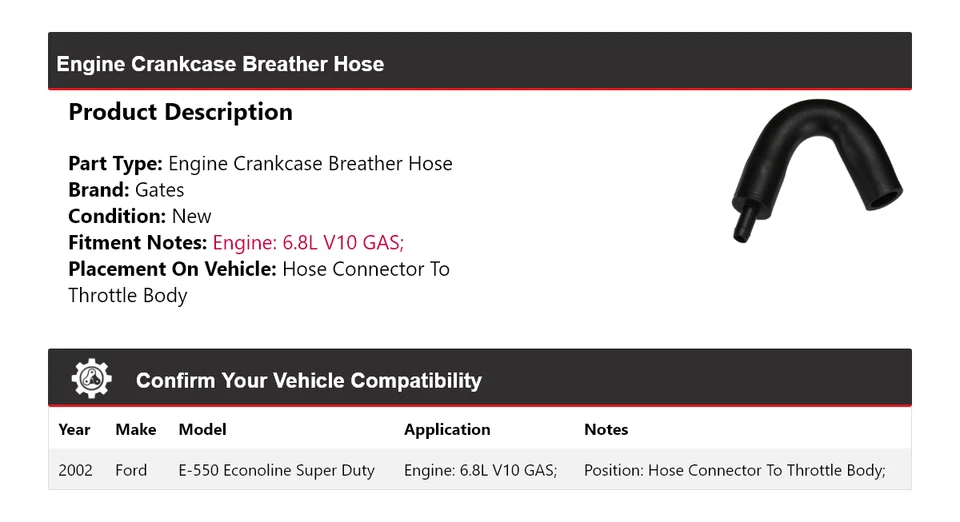 Para Ford E-550 Econoline Super Duty 2002 motor cárter respirador manguera puertas Foto 2 de 3