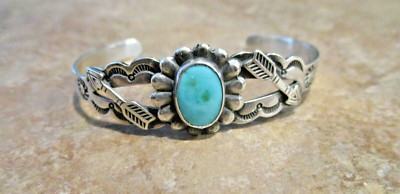 PETITE Old Fred Harvey Era Navajo Sterling Turquoise FLOWER  ARROW Bracelet